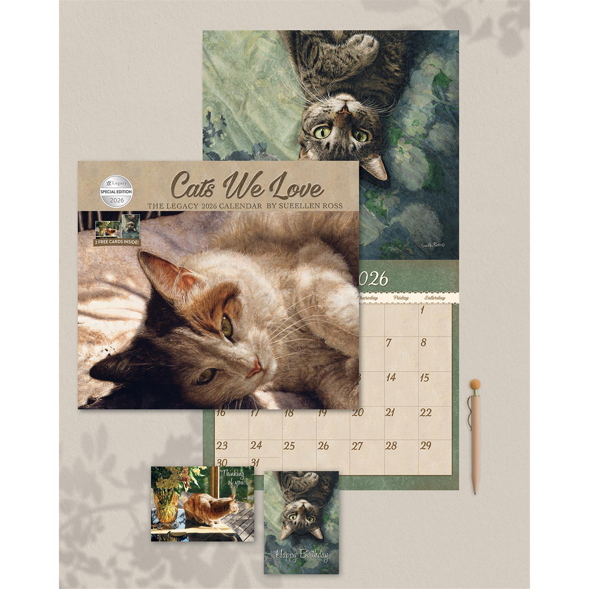 Calendrier mural édition spéciale de luxe « Chats que nous aimons » 2026 avec cartes