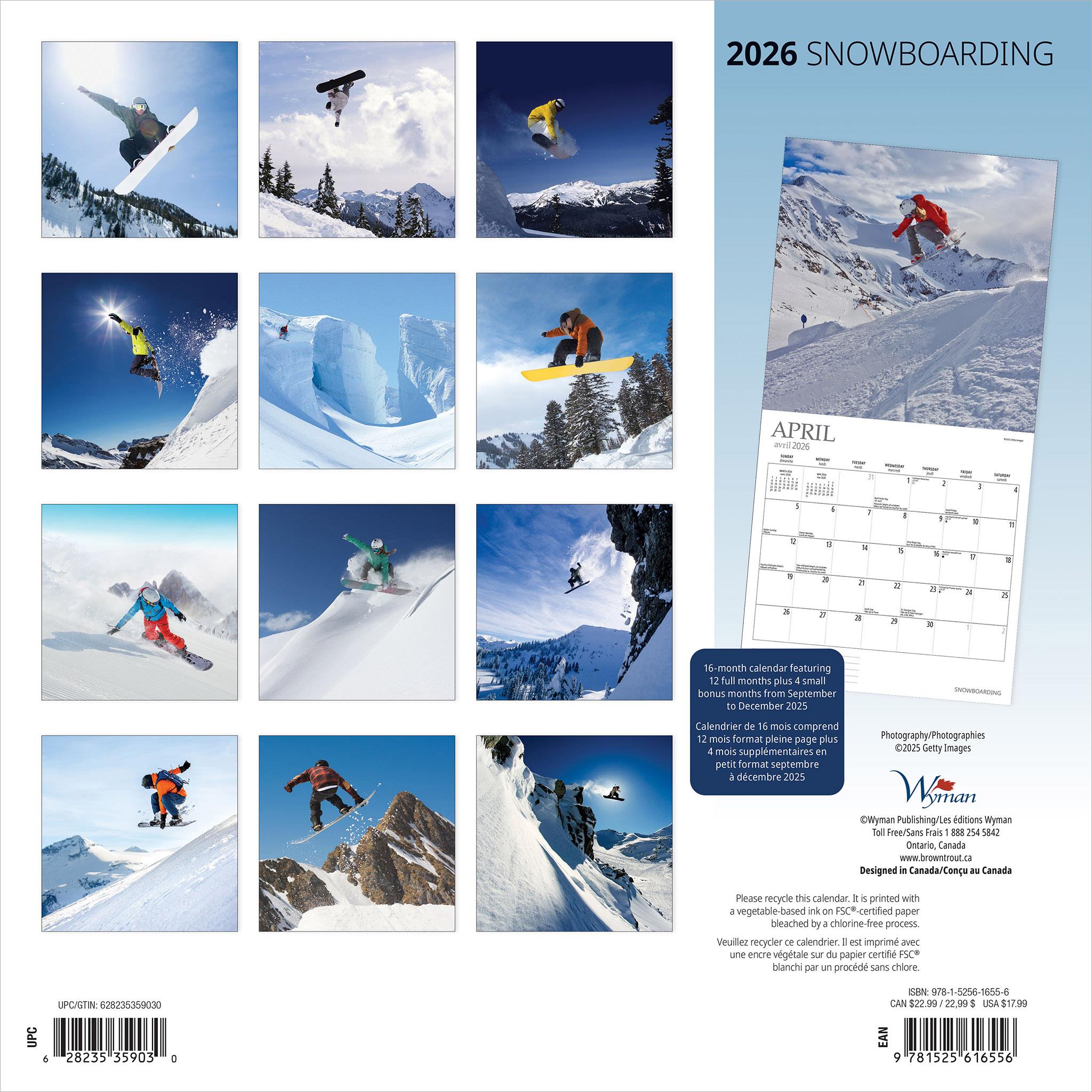 Calendrier mural de snowboard 2026