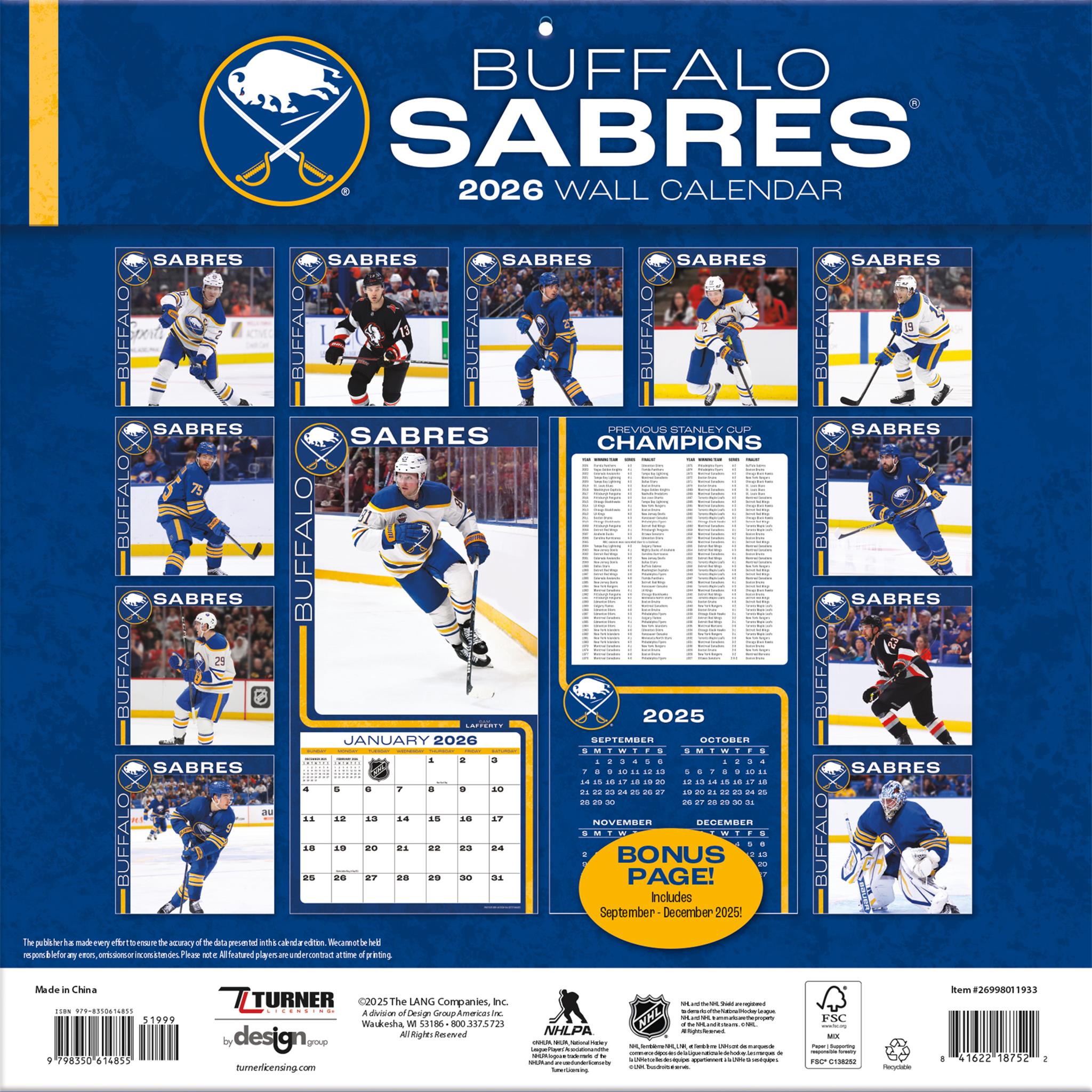 Calendrier mural 2026 des Sabres de Buffalo (NHL)