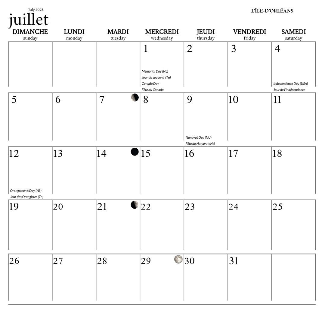 Calendrier mural de la ville de Québec 2026 (français)