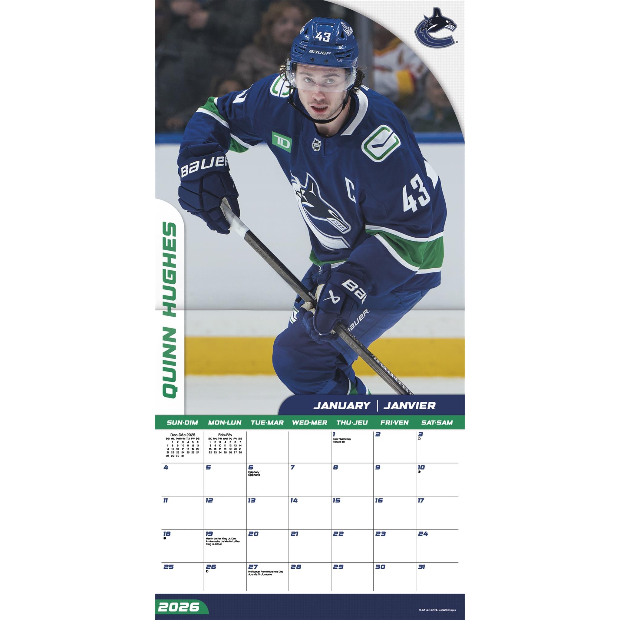 NHL Vancouver Canucks Bilingual 2026 Wall Calendar