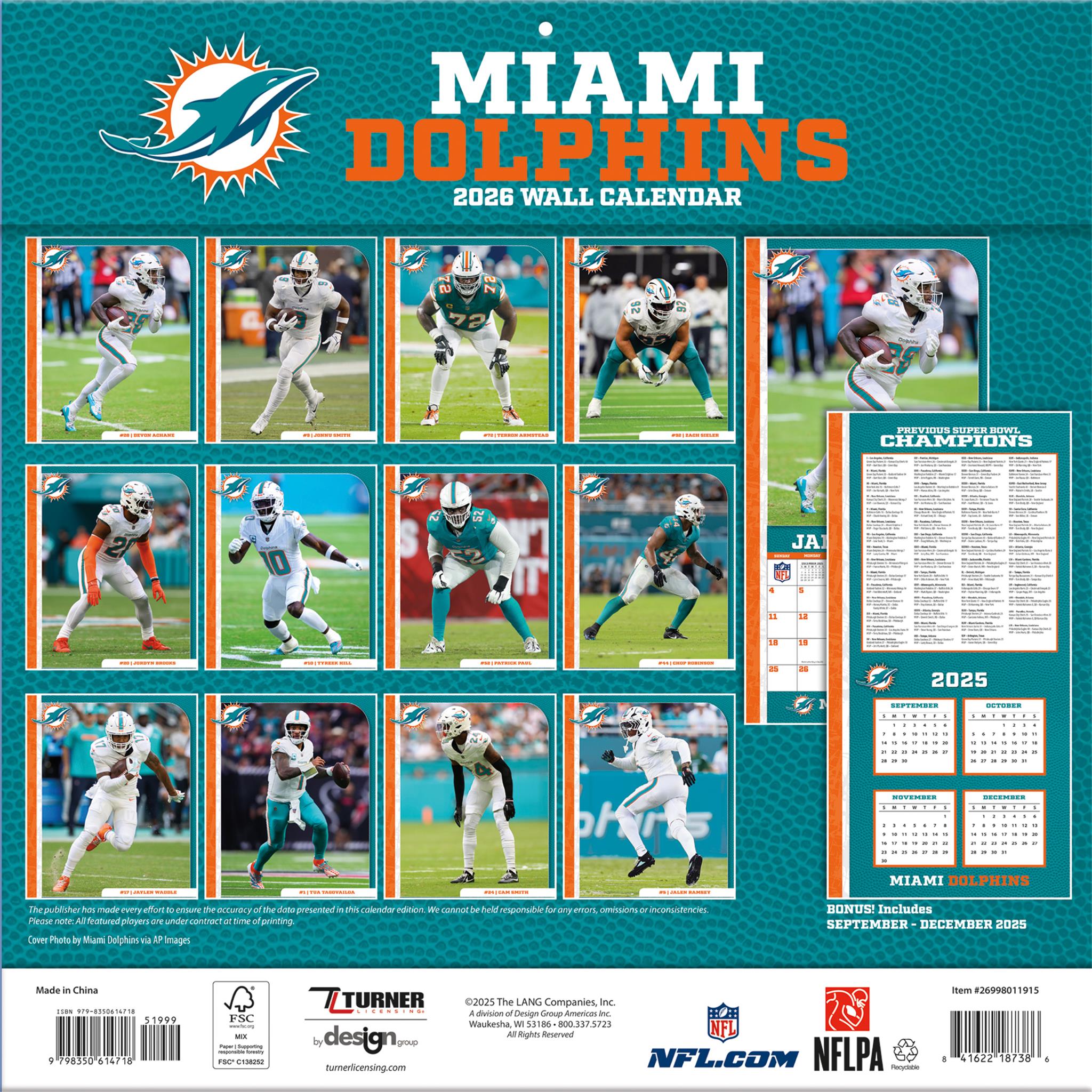 Calendrier mural NFL Miami Dolphins 2026 - Disponible uniquement en ligne