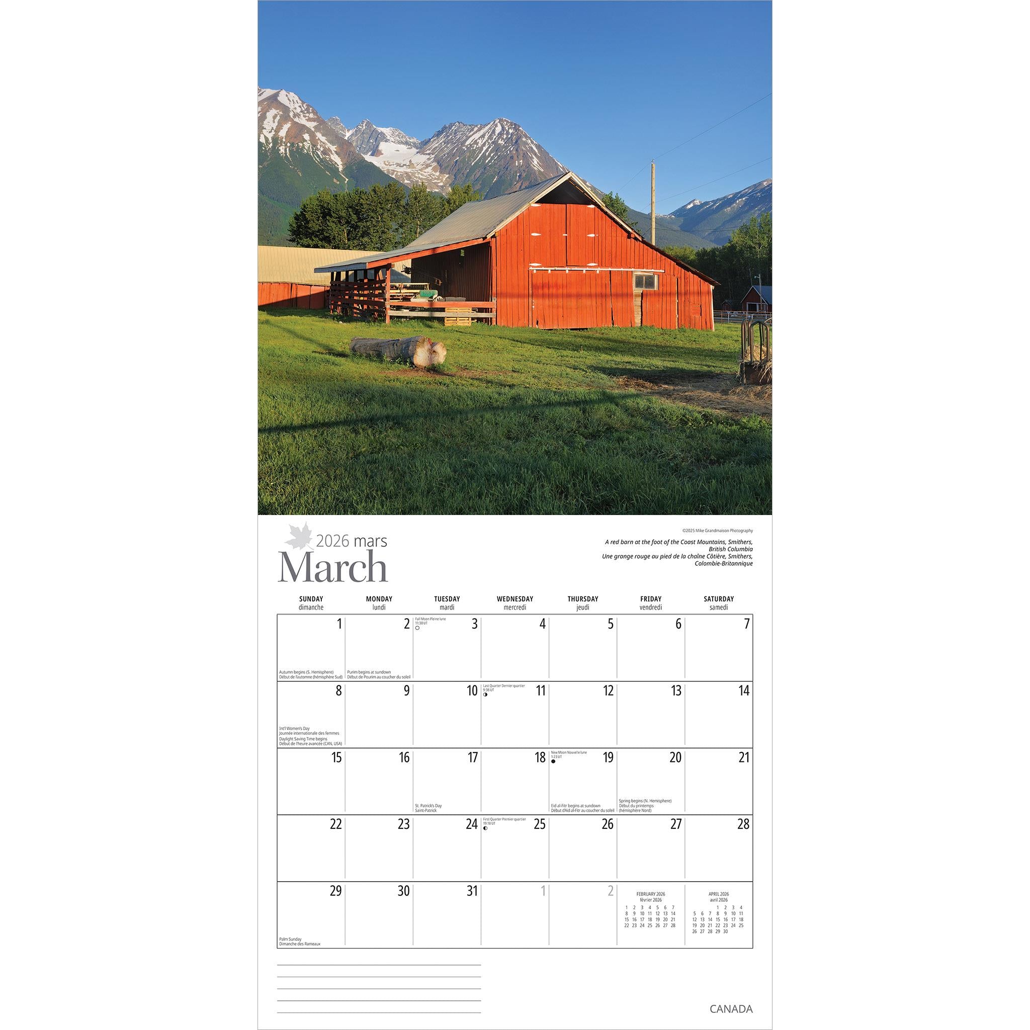 Calendrier mural Canada 2026 - Disponible uniquement en ligne