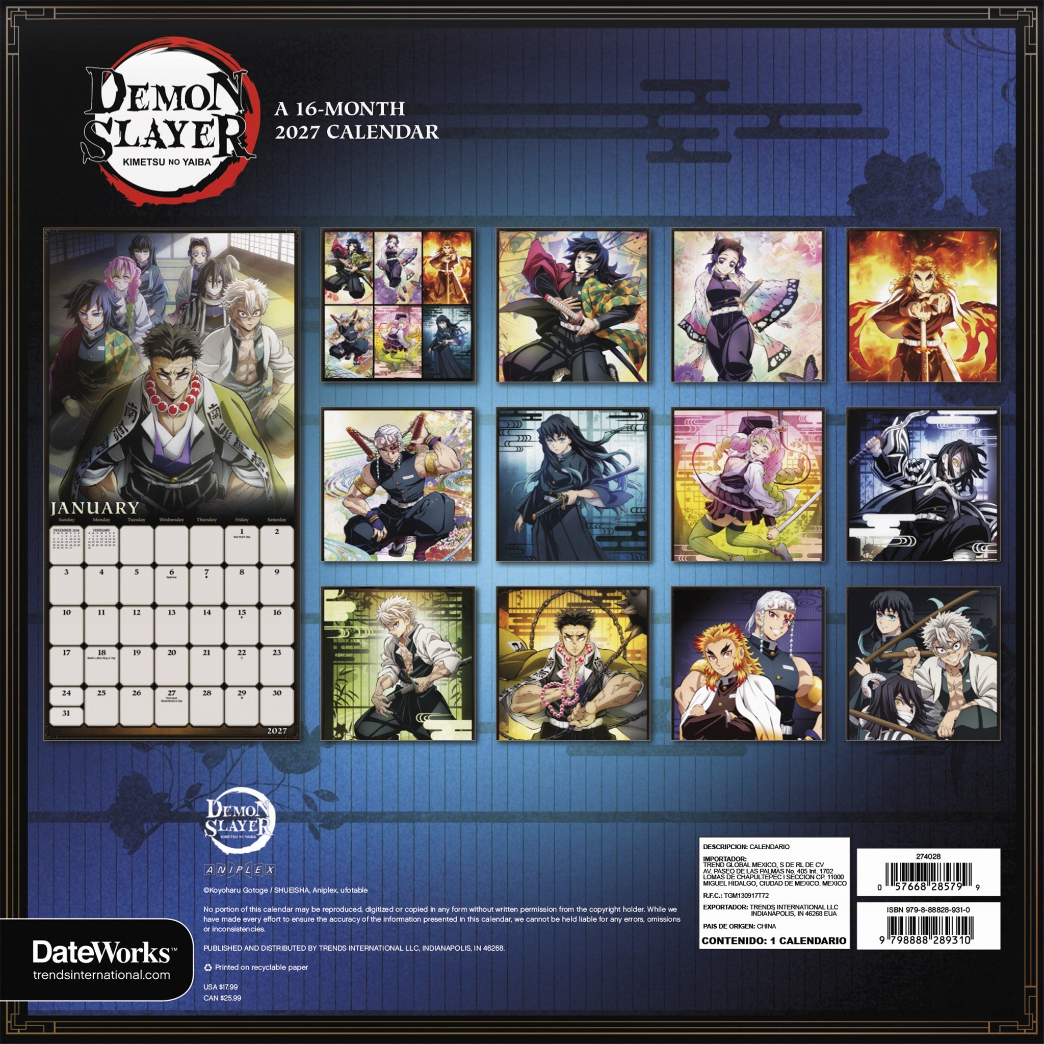 Calendrier mural Demon Slayer Kimetsu no Yaiba exclusif avec autocollants 2027