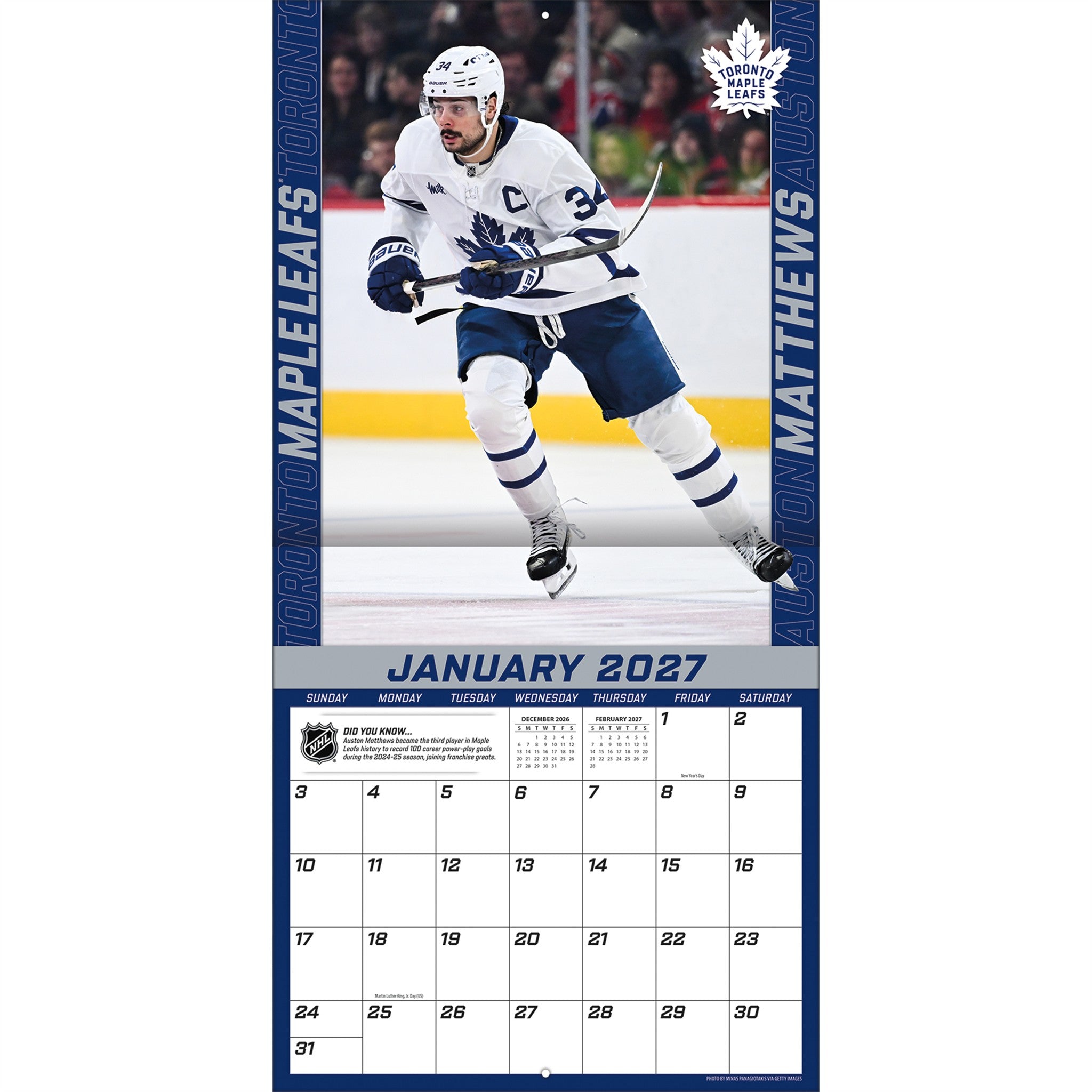 NHL Auston Matthews Toronto Maple Leafs 2027 Wall Calendar