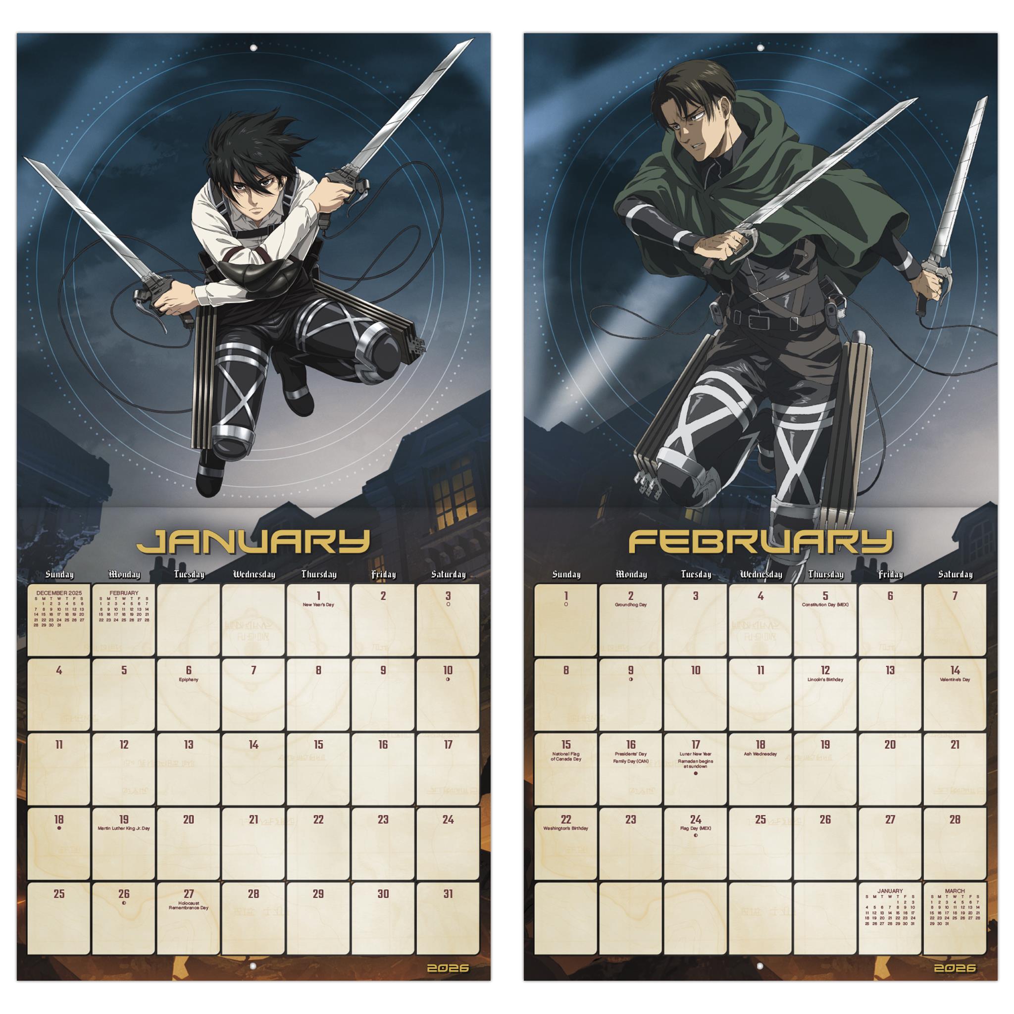 Calendrier mural L'Attaque des Titans 2026