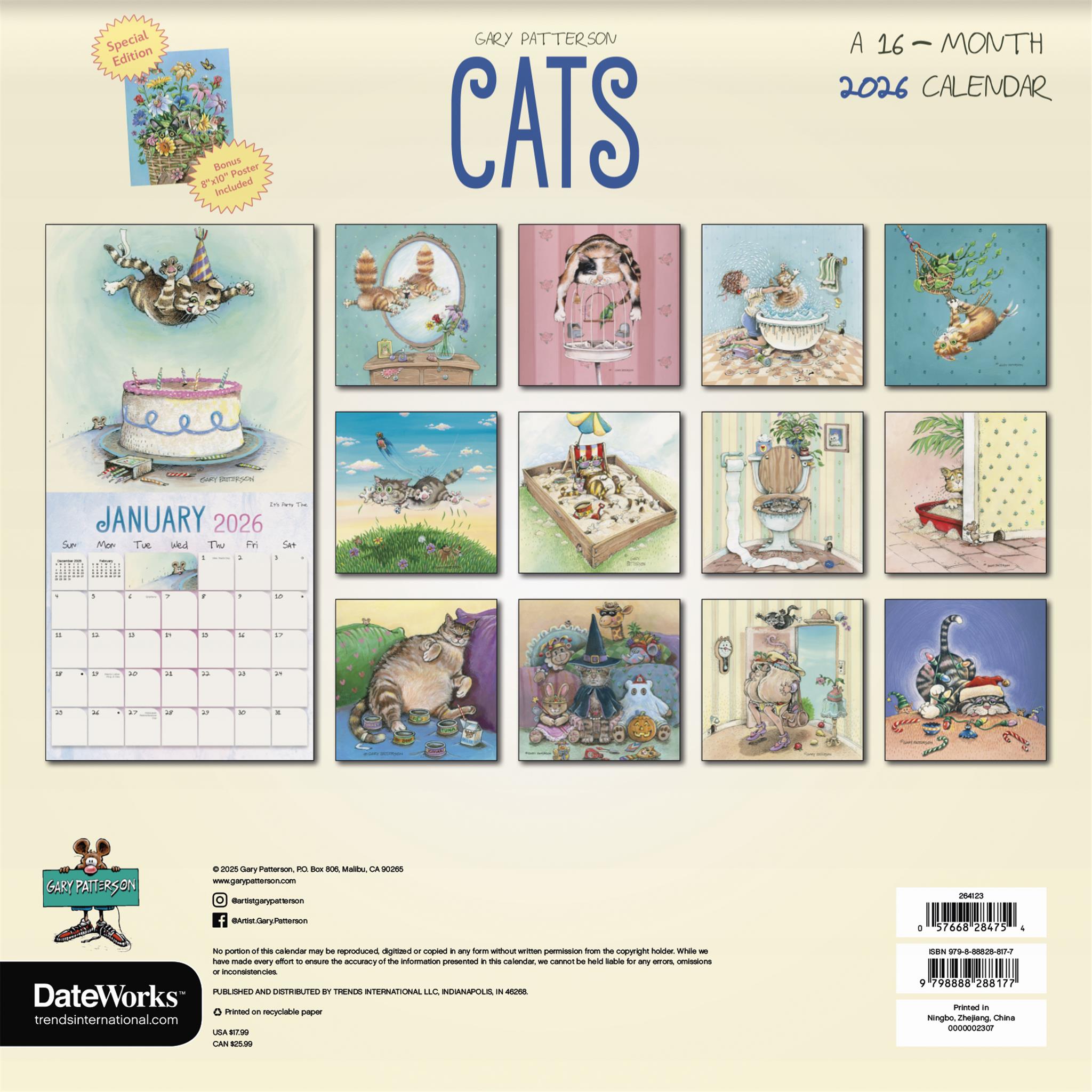 Calendrier mural de luxe 2026 exclusif avec impression de Gary Patterson et des chats