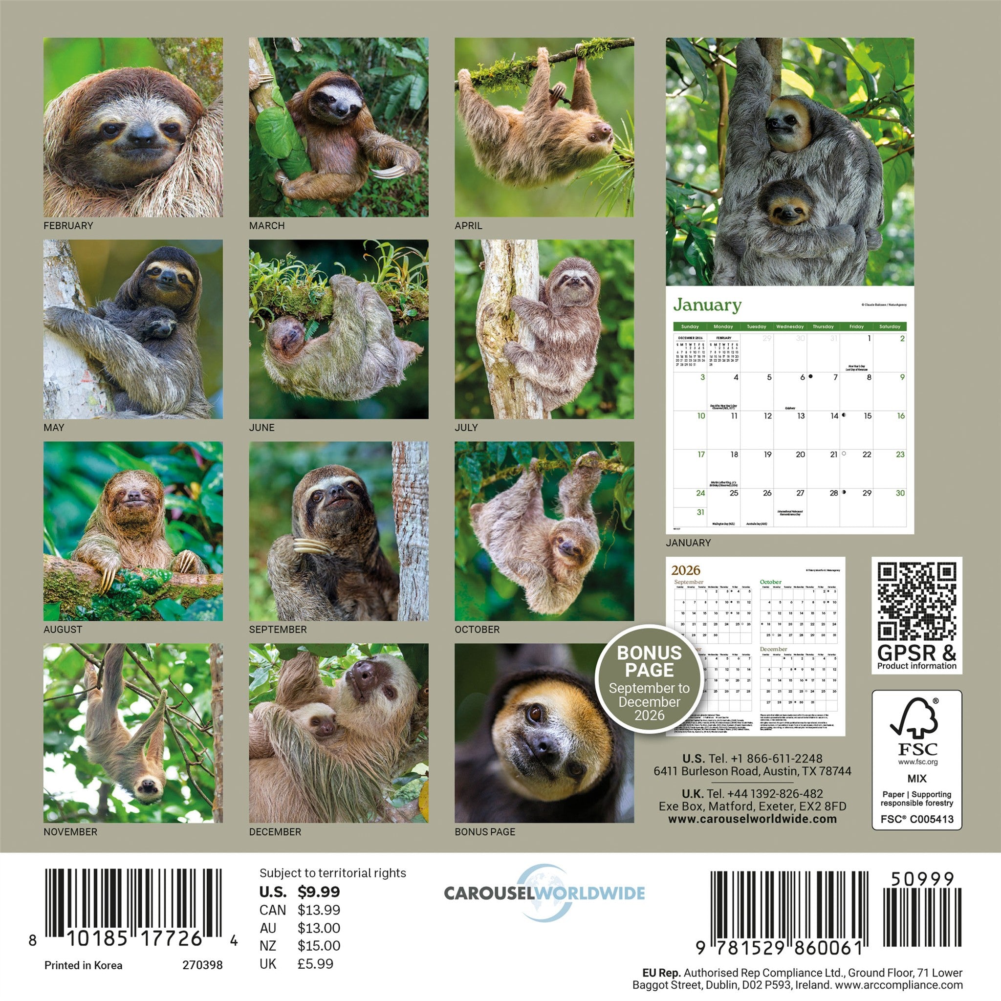 Sloths 2027 Mini Calendar