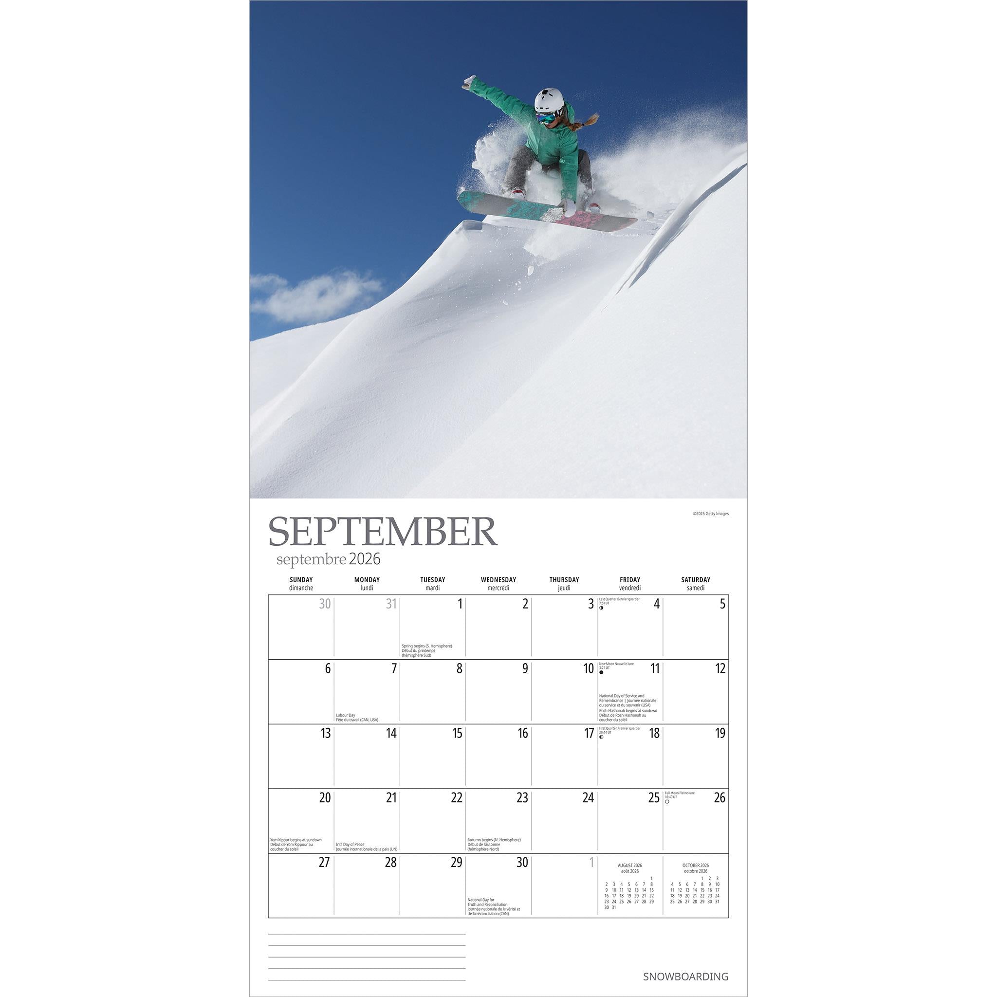 Calendrier mural de snowboard 2026