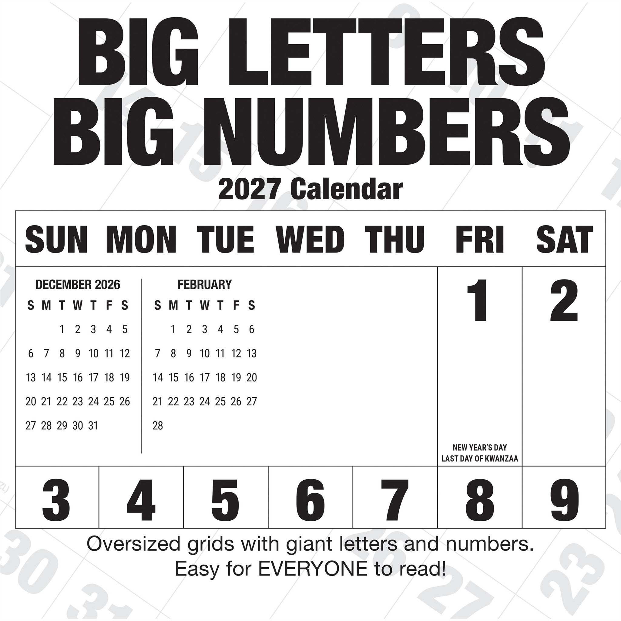 Grand calendrier mural 2027 à grandes lettres et grands chiffres