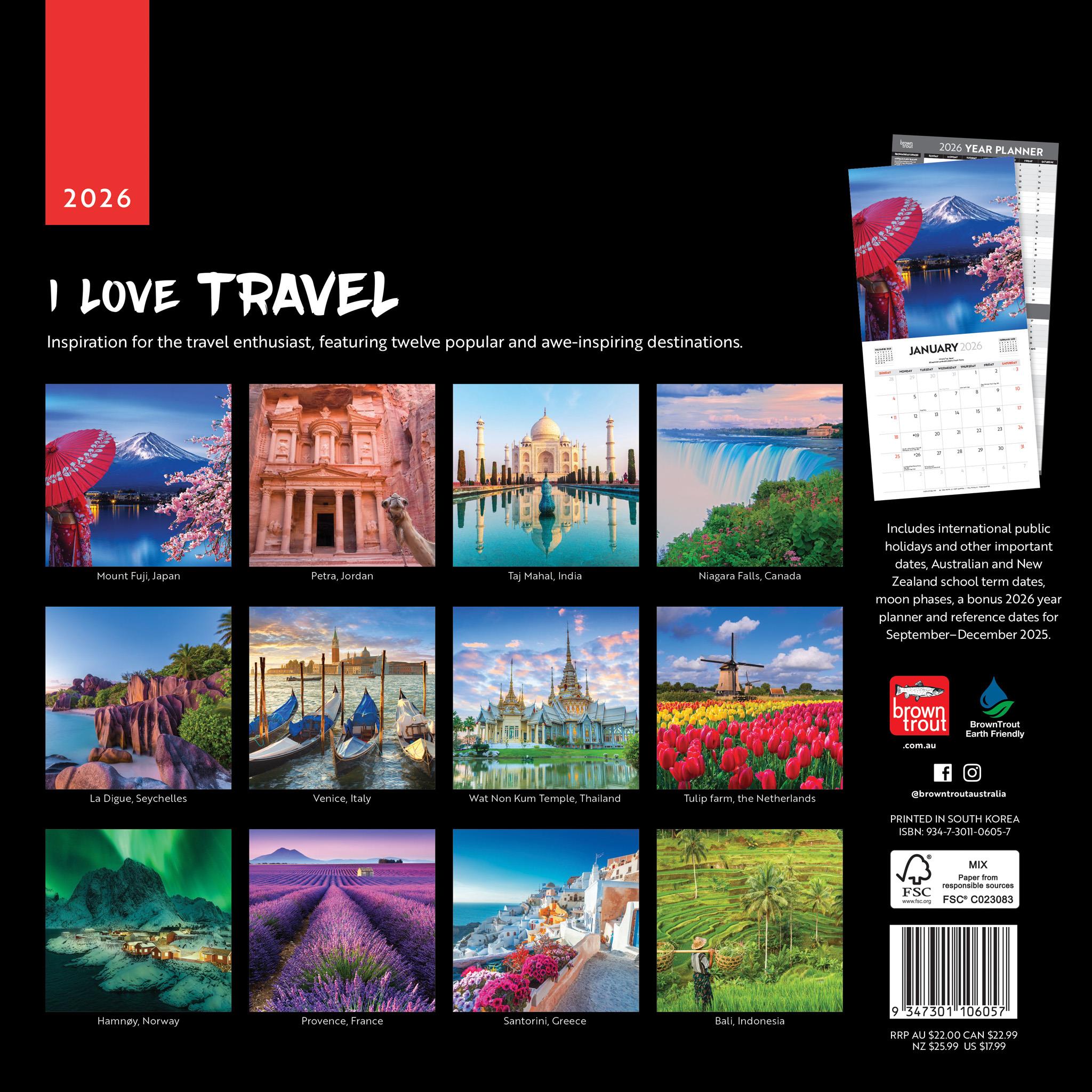 I Love Travel 2026 Wall Calendar