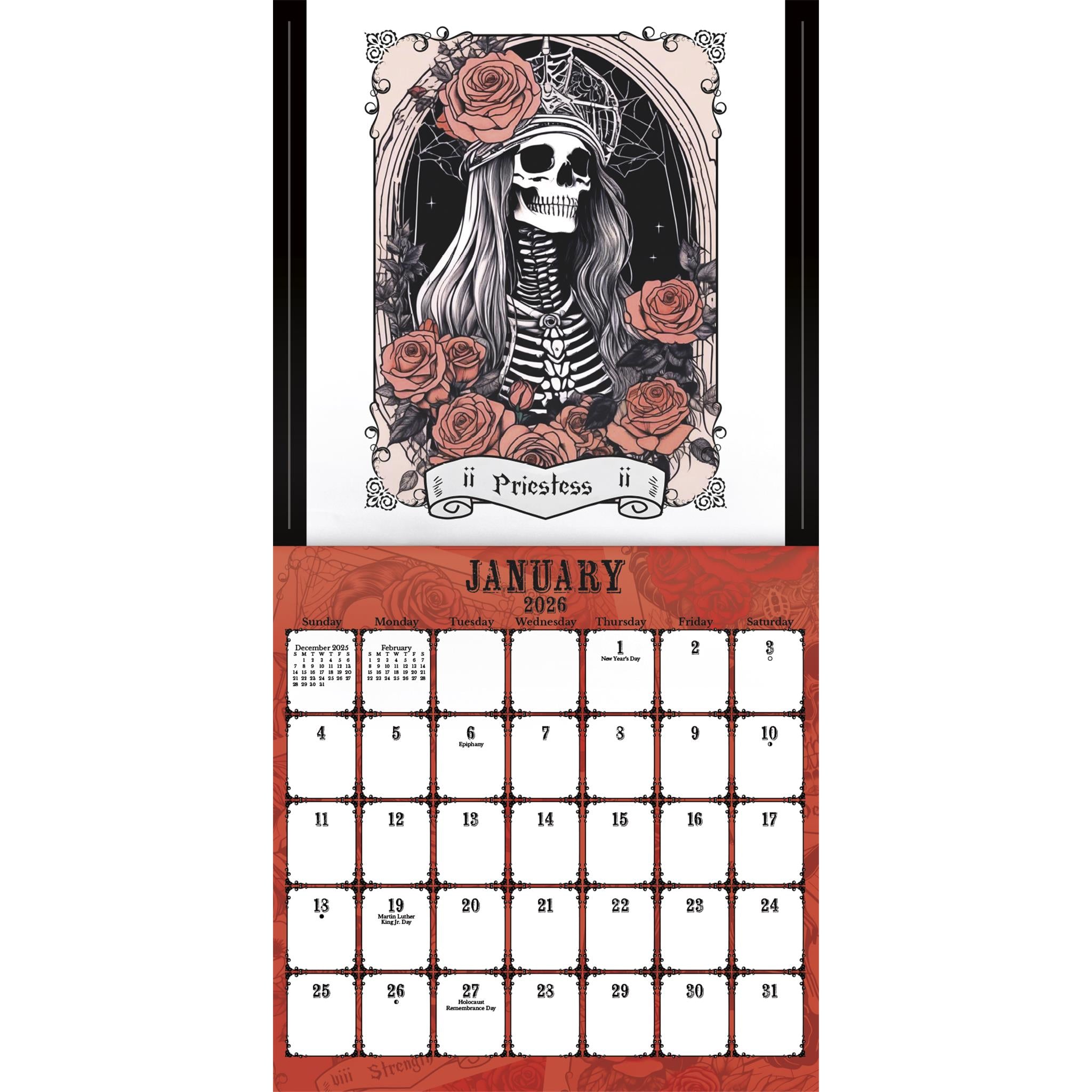 Calendrier mural Tarot - Crânes et Roses 2026 - Disponible uniquement en ligne