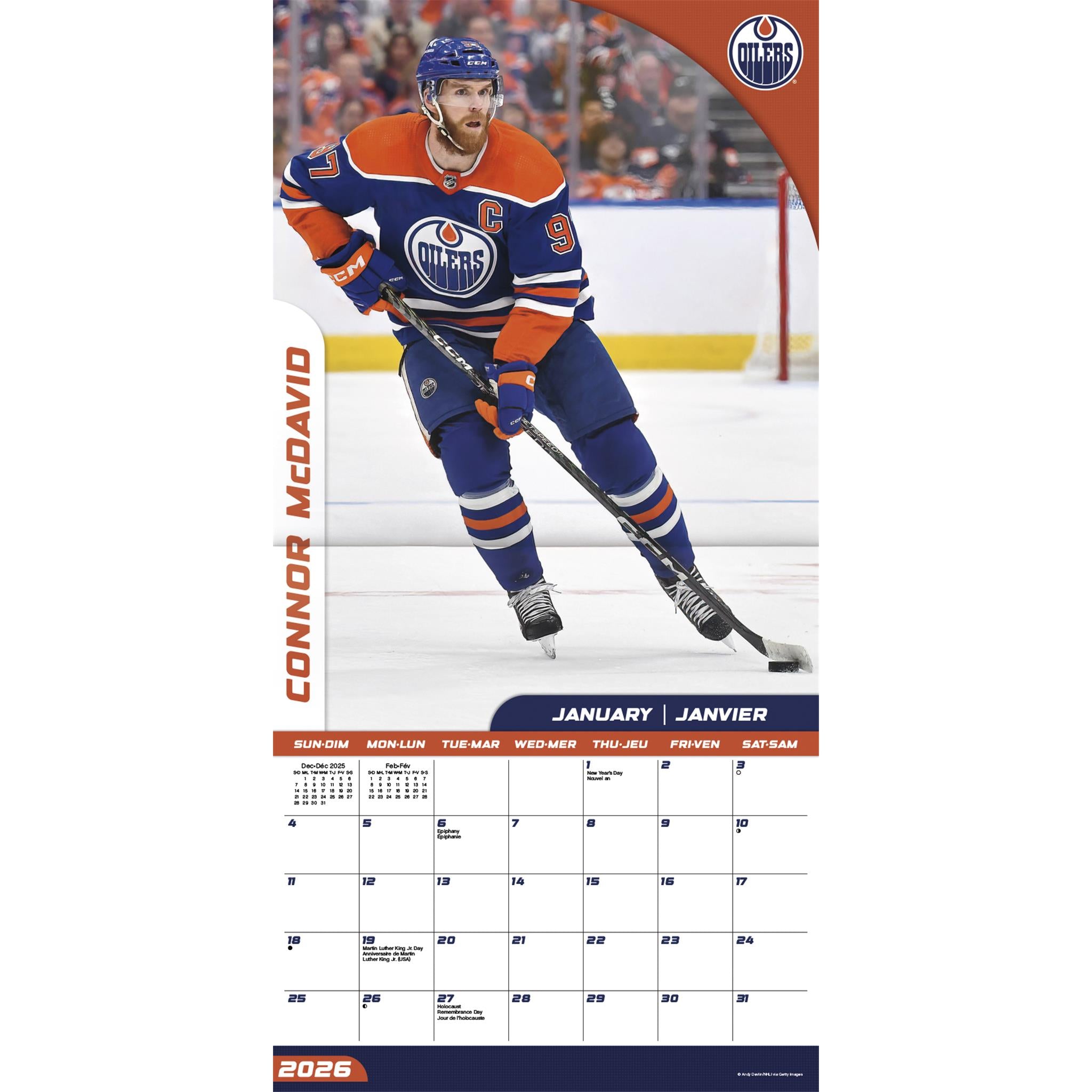 Calendrier mural bilingue 2026 des Oilers d'Edmonton de la LNH