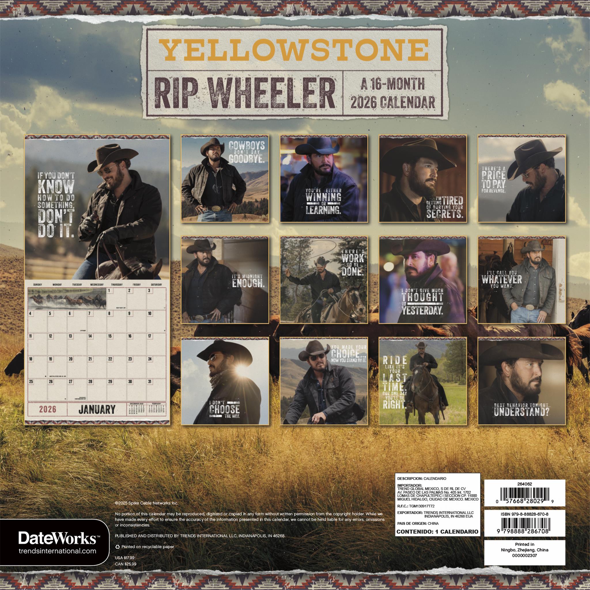 Calendrier mural Yellowstone Rip Wheeler 2026 - Disponible uniquement en ligne