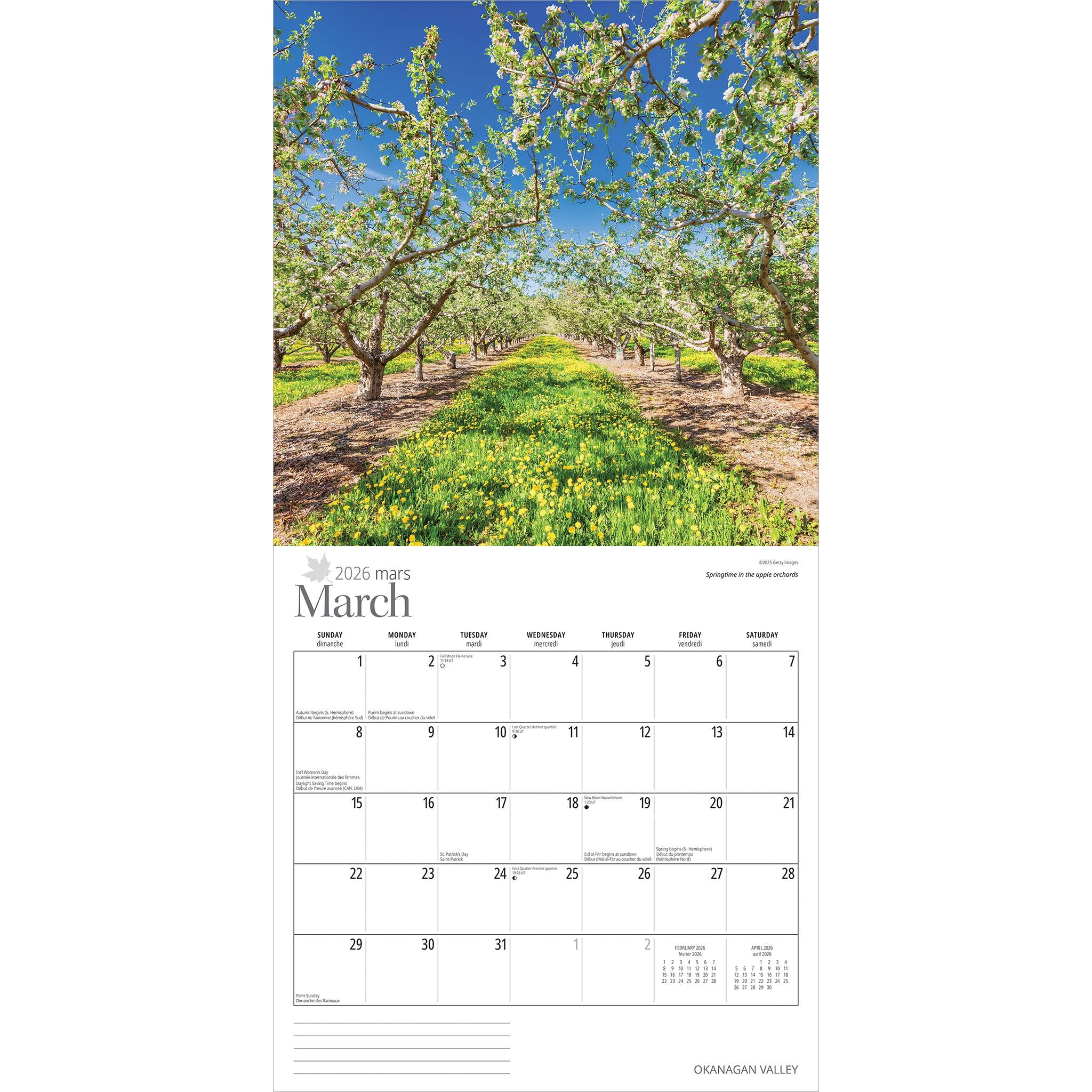 Calendrier mural de la vallée de l'Okanagan 2026