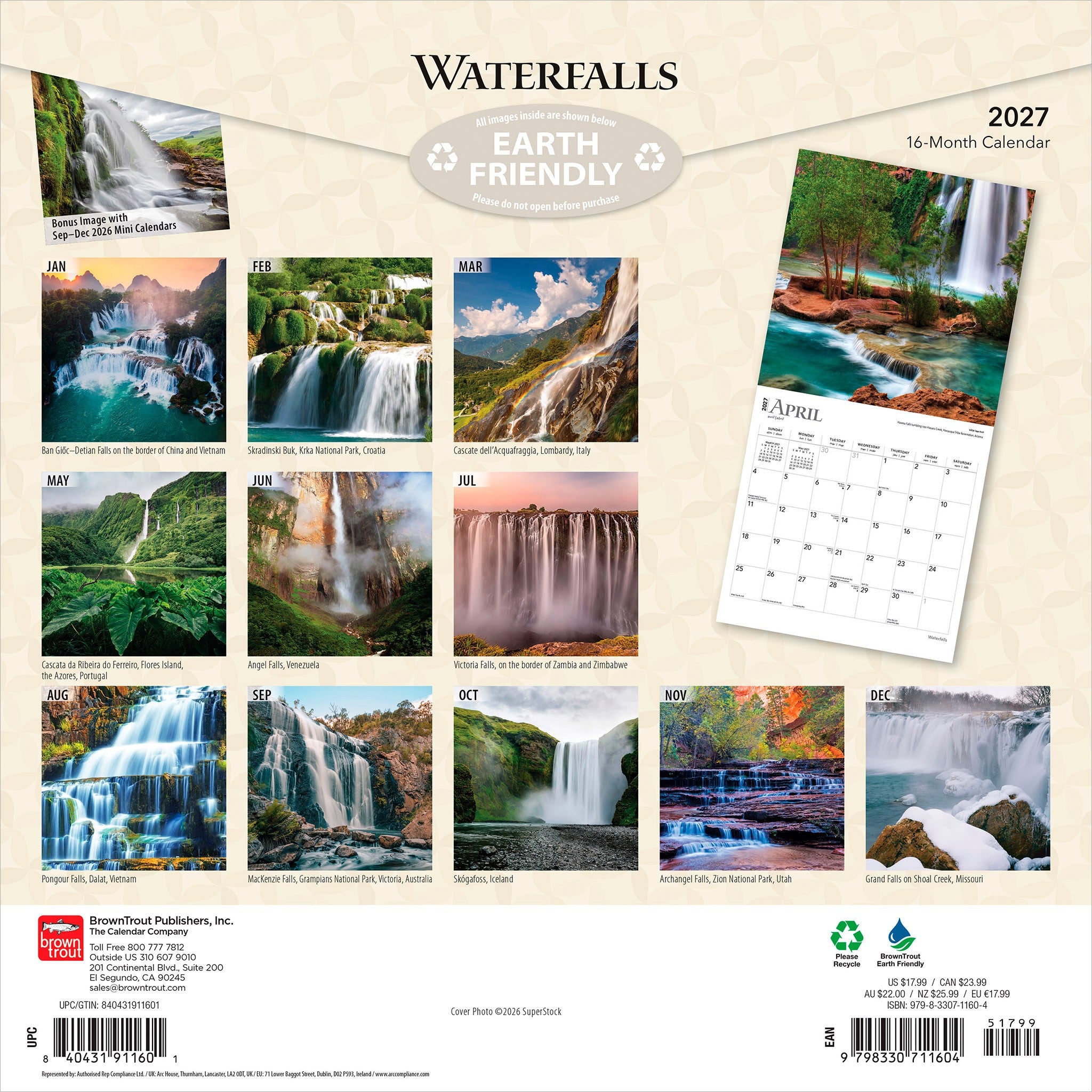 Waterfalls 2027 Wall Calendar
