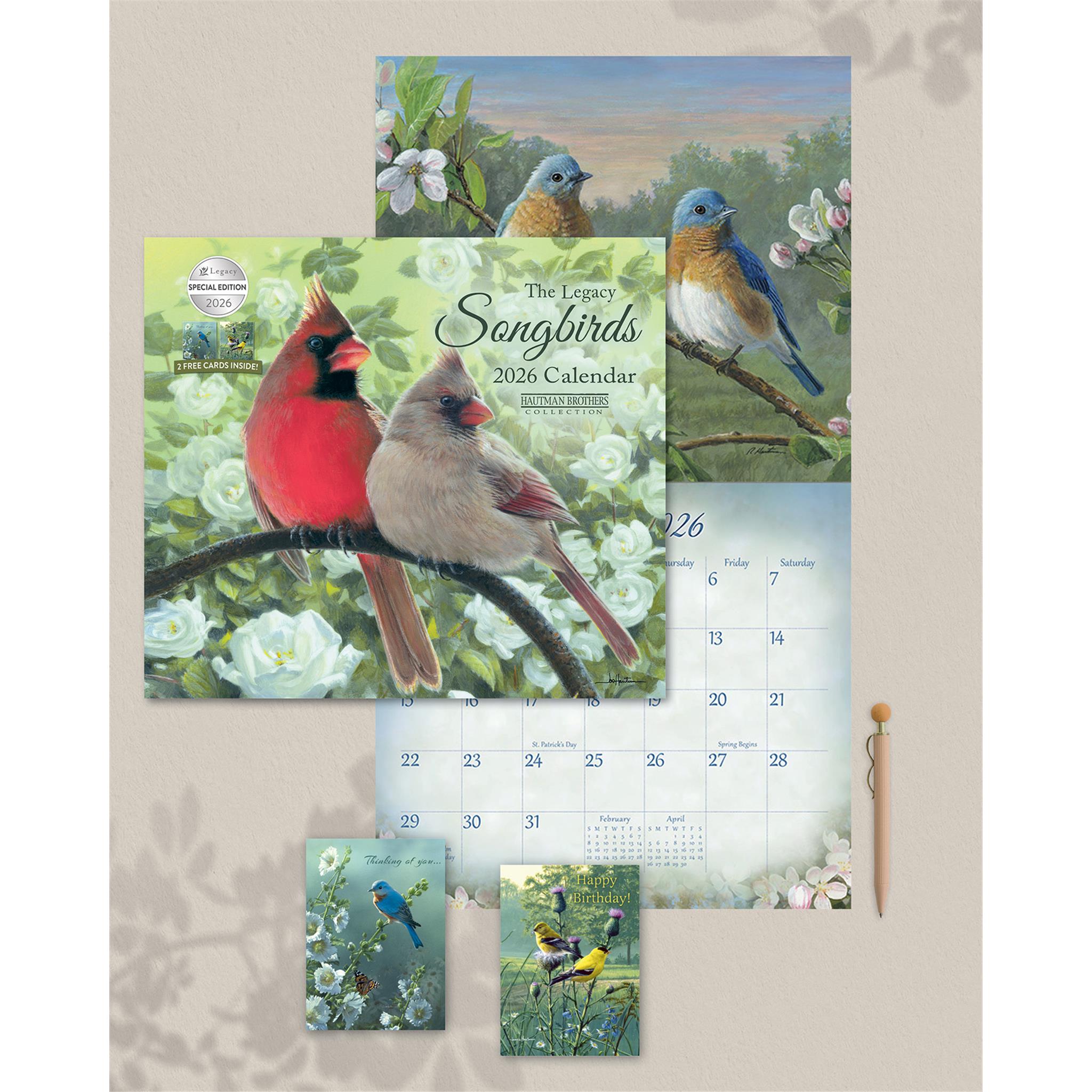Calendrier mural édition spéciale de luxe Songbirds 2026 avec cartes