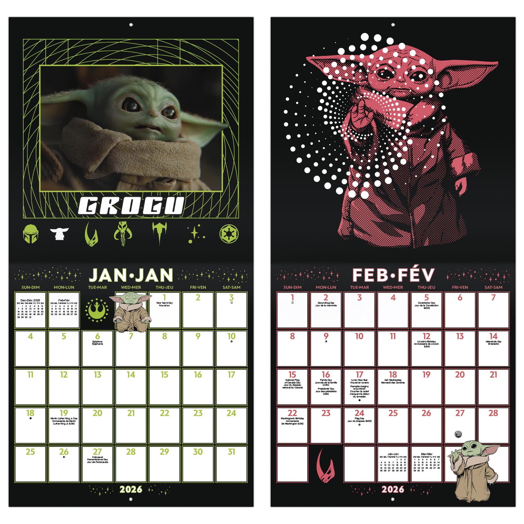 Star Wars Mandalorian Grogu Bilingual 2026 Wall Calendar