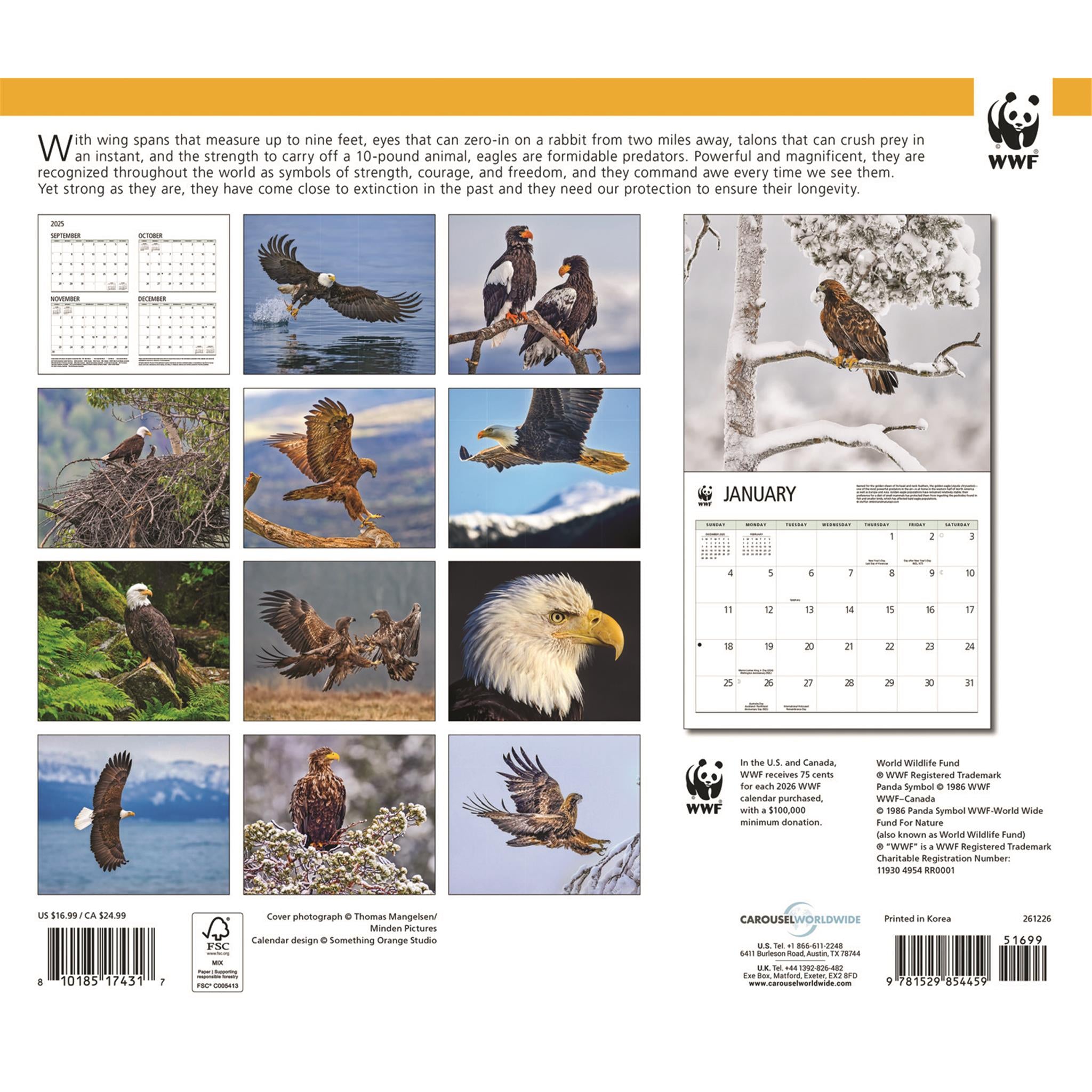 Calendrier mural 2026 du Fonds mondial pour la nature (WWF) sur le thème des aigles