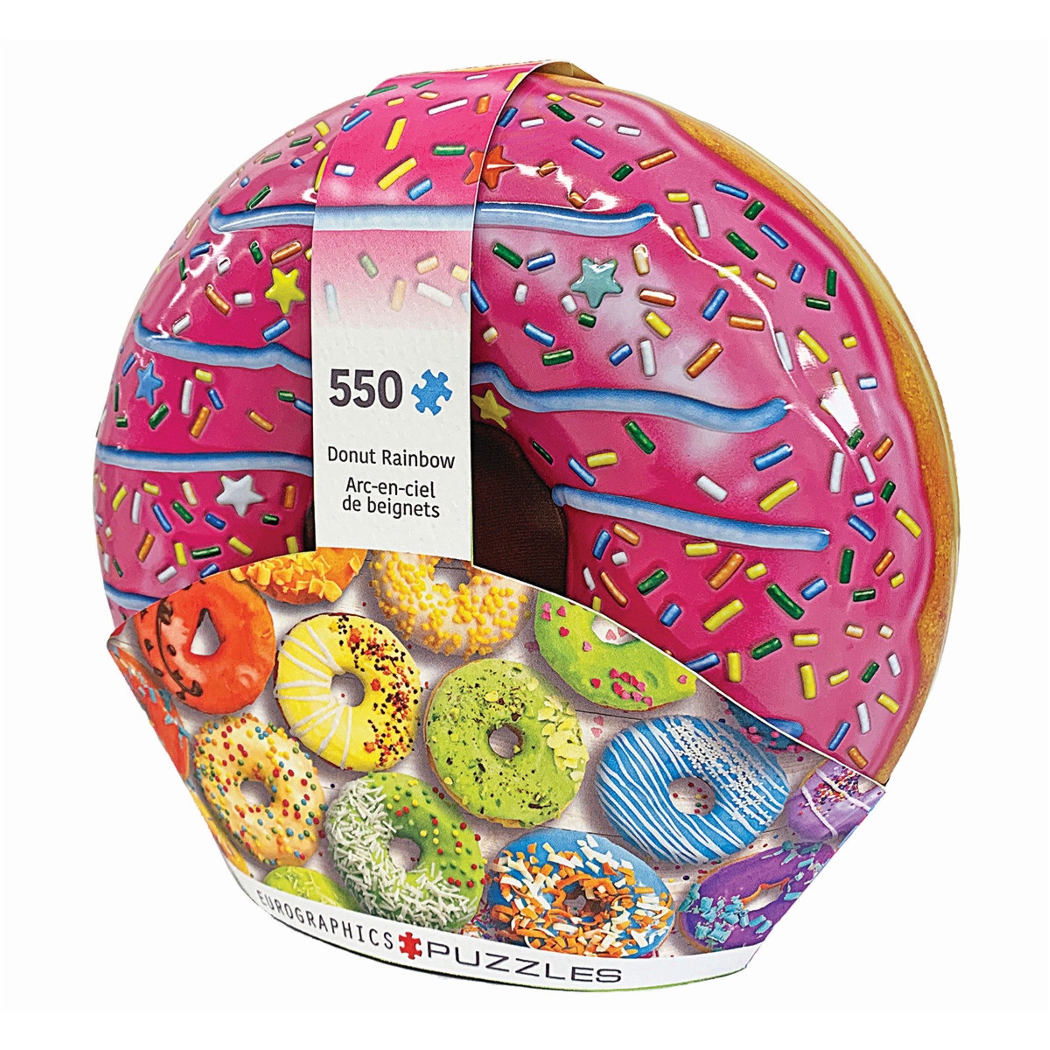 Puzzle de 550 pièces en forme de donut dans une boîte en métal.