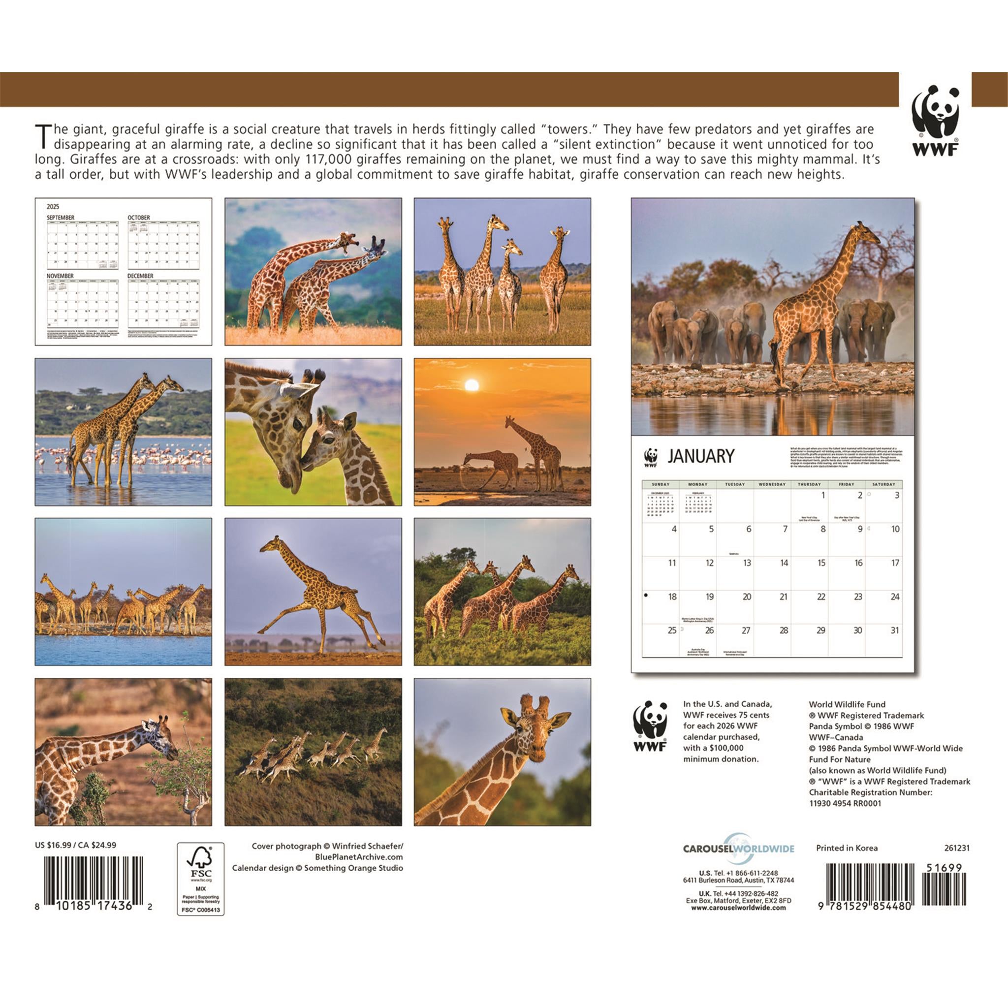 Calendrier mural 2026 du Fonds mondial pour la nature (WWF) sur les girafes